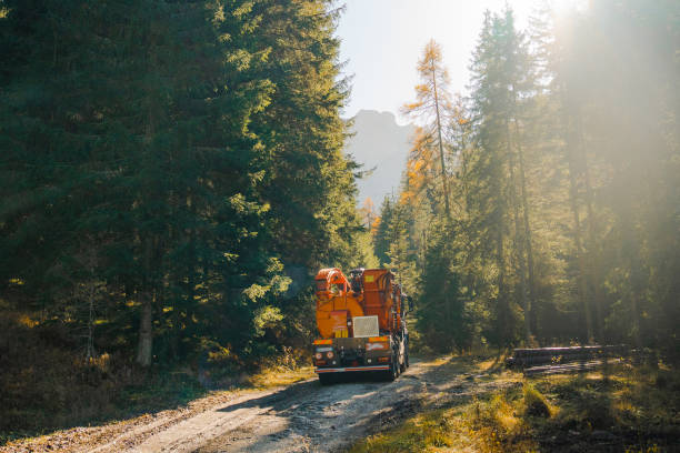 Woodcutting truck in the forest in autumn