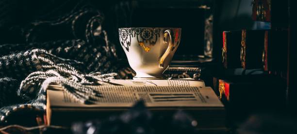 istock Panoramic closeup shot of a small tea cup on an open book with a blanket next to it 1452719540