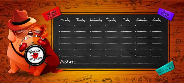 Vector illustration of Weekly, diary, planning concept in cartoon style. Weekly to-do list on a blackboard with a bulldog and an alarm clock on an abstract wooden background with freehand drawings.