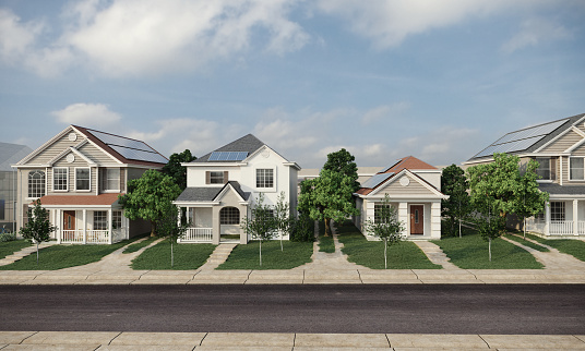 Dwelling exterior scene includes houses with solar panels . (3d render)