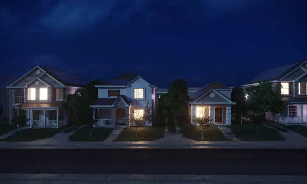 Dwelling exterior scene includes houses with solar panels, night scene . (3d render)