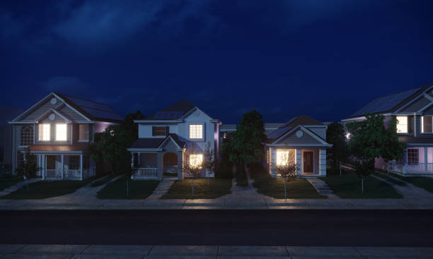 houses with solar panels - suburb imagens e fotografias de stock