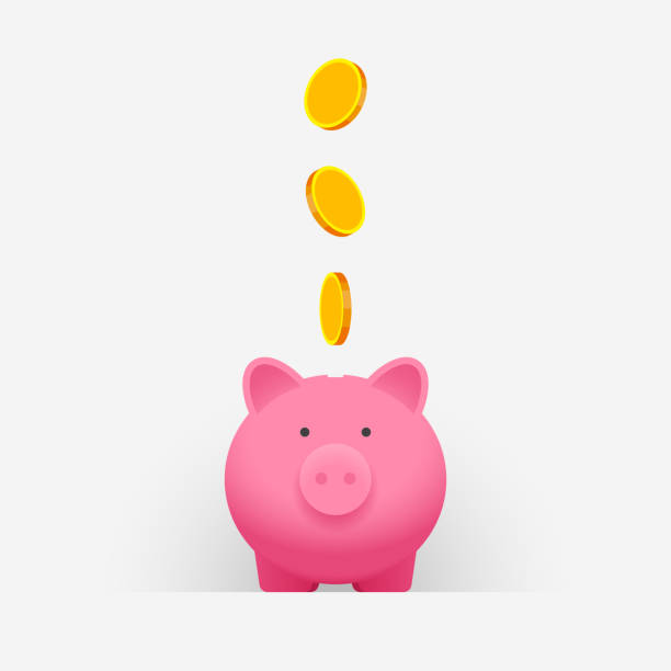 pink piggy bank and gold coins falling into it - kişisel finans illüstrasyonlar stock illustrations