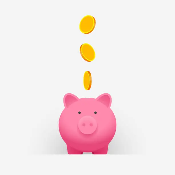Vector illustration of Pink piggy bank and gold coins falling into it