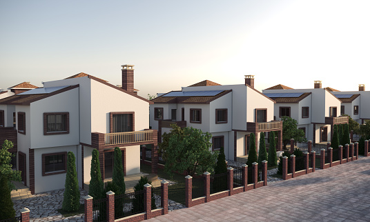 Dwelling exterior scene includes houses with solar panels . (3d render)