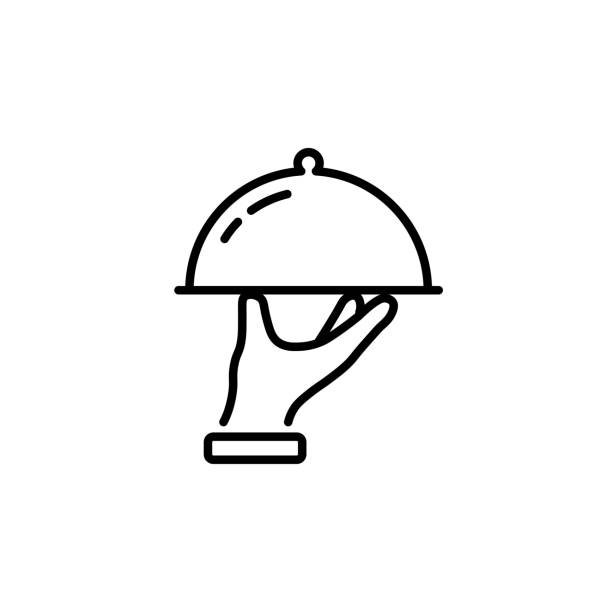 ilustrações de stock, clip art, desenhos animados e ícones de tray on the hand icon vector illustration on the white background. - chef commercial kitchen cooking silhouette