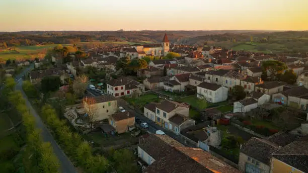 Photo of Aerial view of Monpazier village at the sunset, a small medieval town in Dordogne, France