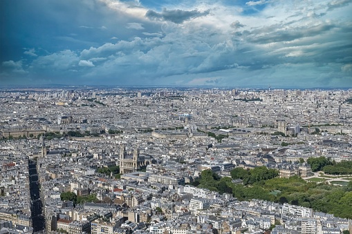 Paris, aerial view, with Pompidou center, the Saint-Sulpice church and the Senate in the Luxembourg garden