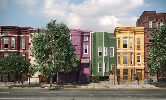 Dwelling exterior scene with multi colored row houses. (3d render)
