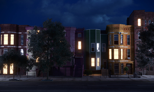Dwelling exterior scene with multi colored row houses, night scene. (3d render)
