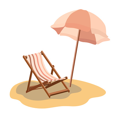 Beach chair and sun umbrella on the beach.Vector composition for tourist designs.