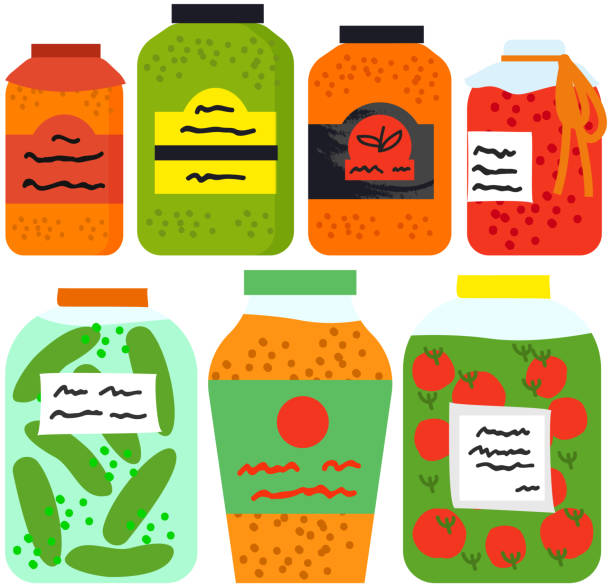 ilustrações de stock, clip art, desenhos animados e ícones de pickled vegetables, cucumbers, tomatoes in salty brine. pickles, marinated products in glass jars - agriculture backgrounds cabbage close up