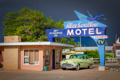 Tucumcari, New Mexico, USA - July 29, 2022: The Blue Swallow Motel, built in 1939, still operates on historic Route 66.
