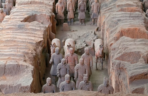 A small group of Terra Cotta warriors at the Xi'an site dating from 210 BCE