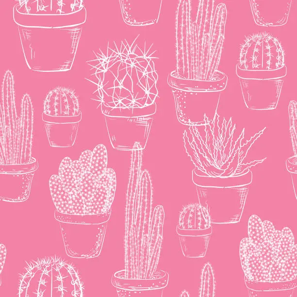 Vector illustration of Potted Cactus Seamless Pattern