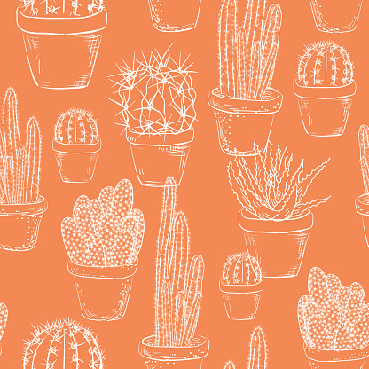 A cute linework cactus repeating seamless pattern on a flat color background.