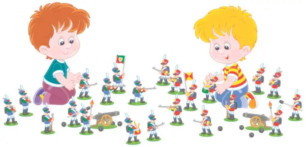 Vector illustration of Happy little boys playing with toy soldiers