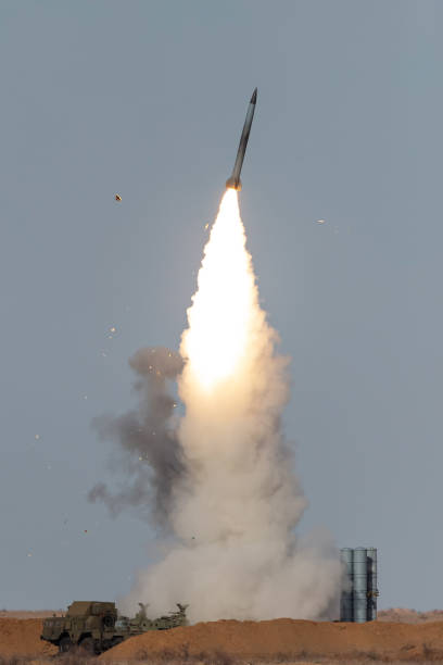 Launch of a military anti-aircraft missile. - fotografia de stock