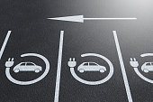 Electric vehicle charger signs marked on outdoor parking lots. Illustration of the concept of high demand of EV charging points