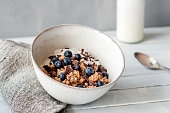 Granola with blueberries and chocolate in a bowl