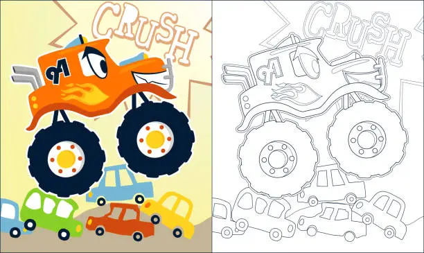 Vector illustration of Coloring book or page with monster truck cartoon, crushing cars