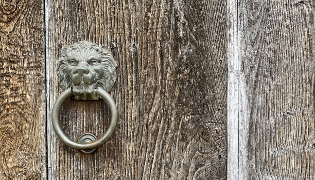 metal lion head door knocker on an old wooden door - 2547 imagens e fotografias de stock