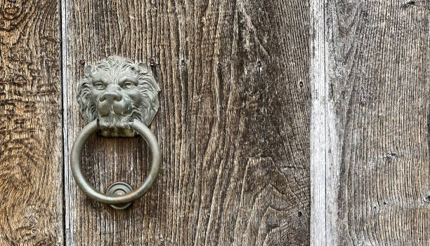 металлический дверной молоток головы льва на старой деревянной двери - 2547 стоковые фото и изображения