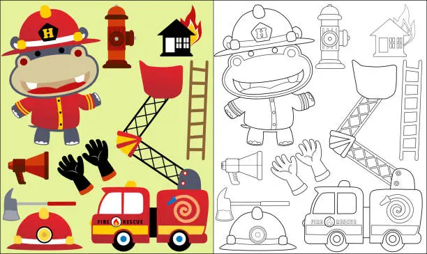 Vector illustration of Coloring book or page of hippo cartoon the firefighter with fire rescue equipment