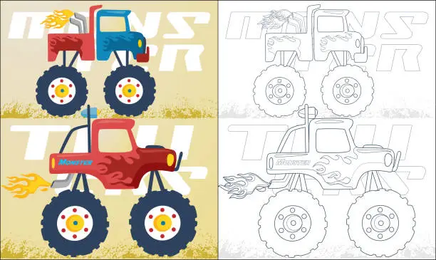Vector illustration of Coloring book or page with two monster truck cartoon