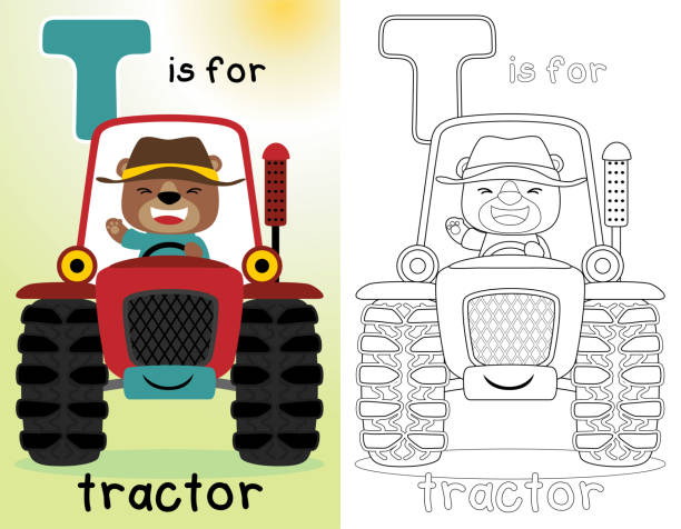 Coloring book or page of funny  farmer bear on red tractor This illustration suitable for your business purpose or personal use. The illustration is vector-based. They are fully editable and scalable without losing resolution ursus tractor stock illustrations