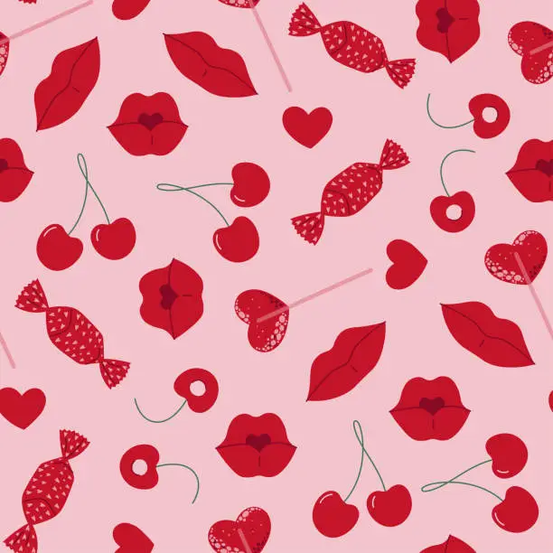 Vector illustration of Valentine's seamless pattern with lips, candy, and cherry. Vector illustration in doodle style