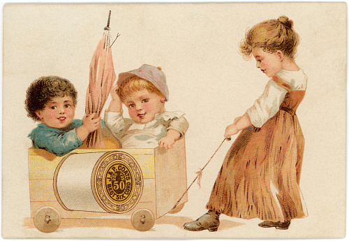 Chromolithograph of girl pulling toddlers in wagon made from crate with spool logo for J & P Coats Best Six Cord thread on side. Victorian advertising trade card for J & P Coats Best Six Cord sewing thread. Schumacher & Ettlinger, NY, lithographer (1870-1895).