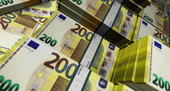 Euro 200 EUR banknote. European Union money note currency. 3D illustration abstract concept of business, economy, finance, crisis and banking.
