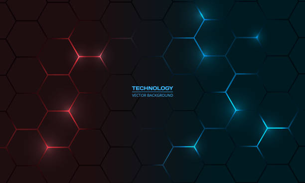 Dark red and blue hexagon abstract technology background with blue and red colored bright flashes Dark red and blue hexagon abstract technology background with red and blue colored bright flashes under hexagon. Hexagonal gaming vector abstract tech background. Hexagon stock illustrations