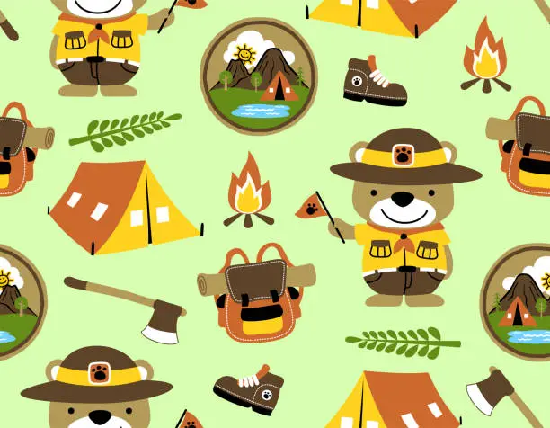 Vector illustration of Seamless pattern vector of funny bear cartoon in scout costume, camping element illustration