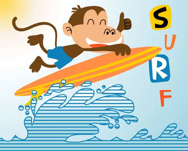 Vector illustration of Funny monkey cartoon surfing on wave