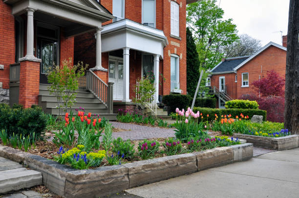 un colorato giardino urbano di lusso in primavera nel quartiere storico di hamilton, ontario. - landscaped spring canada footpath foto e immagini stock