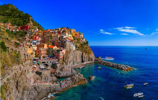 Traditional colorful houses above the Mediterranean Sea in the romantic old town of Manarola in Cinque Terre, Italy on a sunny day