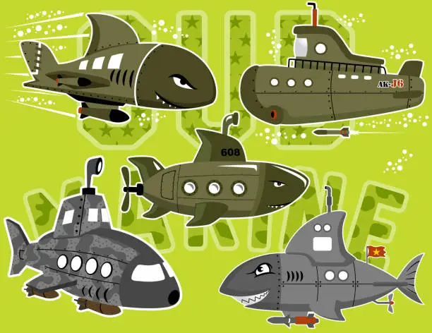 Vector illustration of vector set of military submarine cartoon