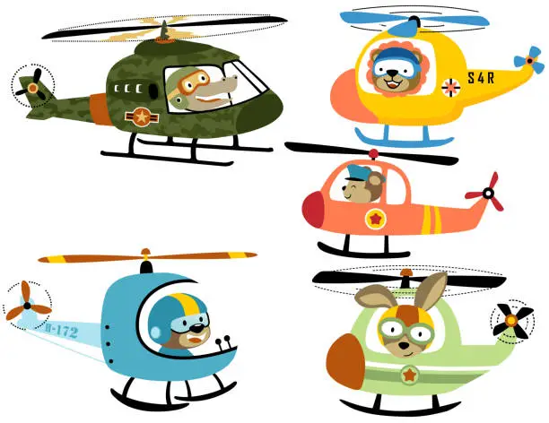 Vector illustration of vector set of helicopter cartoon with cute animals pilot