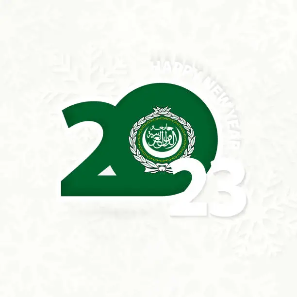Vector illustration of New Year 2023 for Arab League on snowflake background.