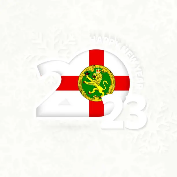 Vector illustration of New Year 2023 for Alderney on snowflake background.