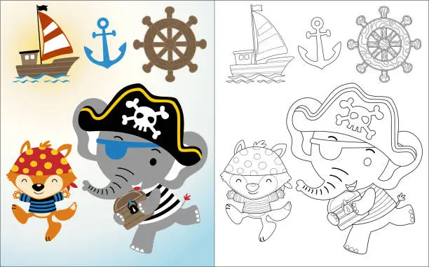 Vector illustration of Vector cartoon of funny elephant with fox in pirate costume, pirate element illustration, coloring book or page