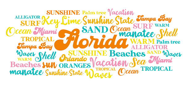 Florida Sunshine State of the USA tag word cloud  collage concept