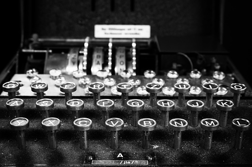 A closeup of a keyboard of a rare German World War II 'Enigma' machine at Bletchley Park