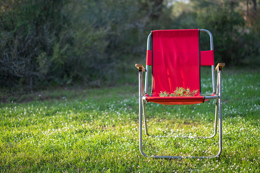 lonely camping chair in the woods