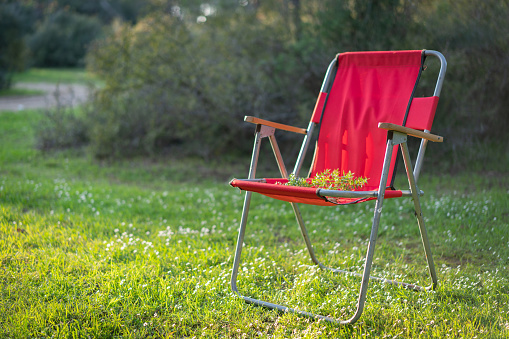 Empty chairs in a garden.