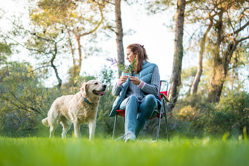 Shot of a mature woman out for a camping with her dog in forest
