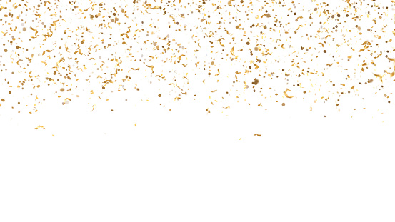 Falling golden glitter confetti isolated on white background. Shiny particles. Party, Merry Christmas, Happy New year, Birthday decoration. Upper border. 3D rendering