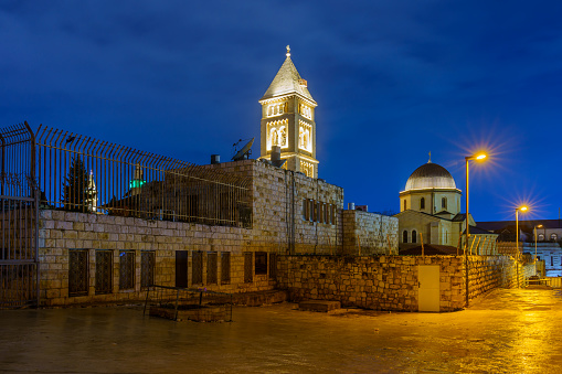 Night view of the Lutheran Church of the Redeemer, in the old city of Jerusalem, Israel
